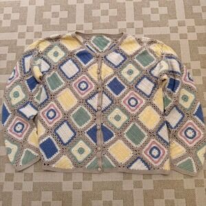 Vintage Granny Square Cardigan Sweater Cotton Size Medium Handmade Grannycore